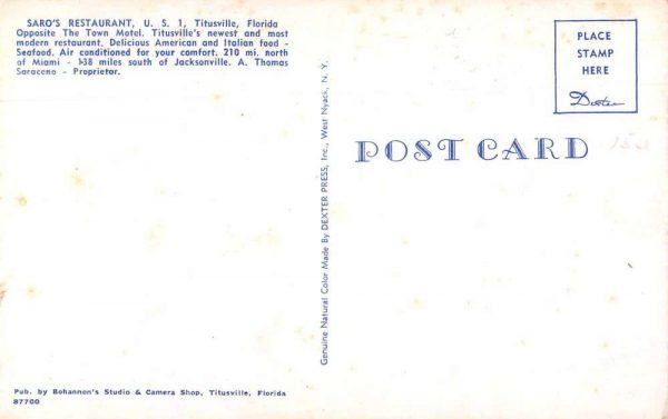 Titusville Florida Saro's Restaurant Vintage Postcard JF685327 - Image 2