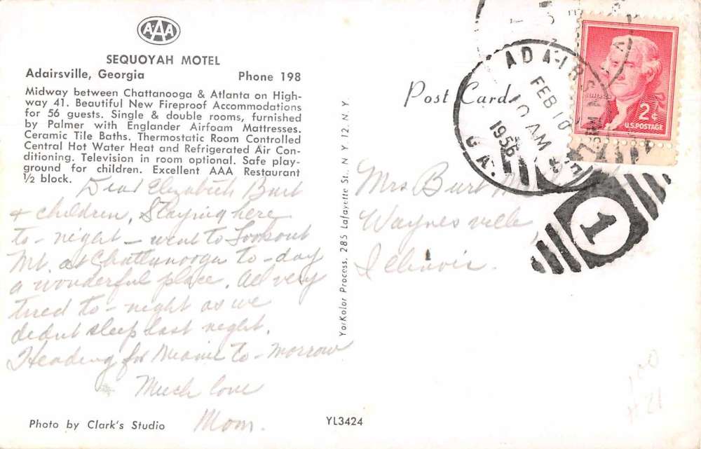 Adairsville Georgia Sequoyah Motel Vintage Postcard JF685334 - Image 2