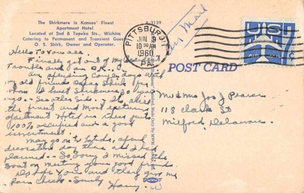 Wichita Kansas The Shirkmere Apartment Hotel Vintage Postcard JF685409 - Image 2
