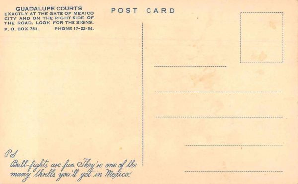 Mexico Guadelupe Courts Ad Bullfighter Mexican Tourism Vintage Postcard JF685423 - Image 2