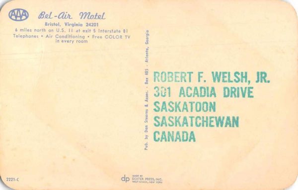 Bristol Virginia Bel Air Motel Vintage Postcard JF685435 - Image 2