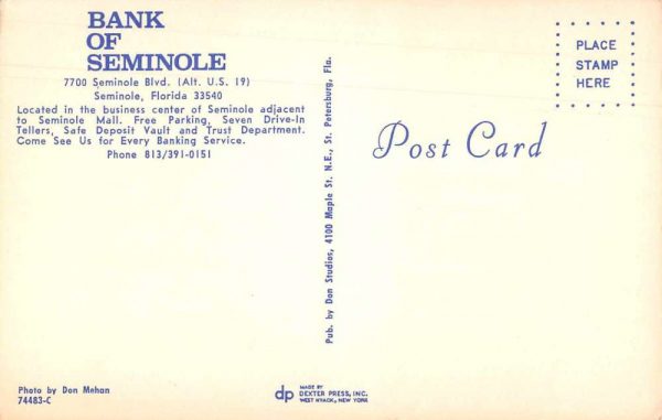 Seminole Florida Bank of Seminole Exterior and Interior Postcard JF685444 - Image 2