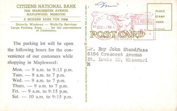 Maplewood Missouri Citizens National Bank Vintage Postcard JF685463 - Image 2