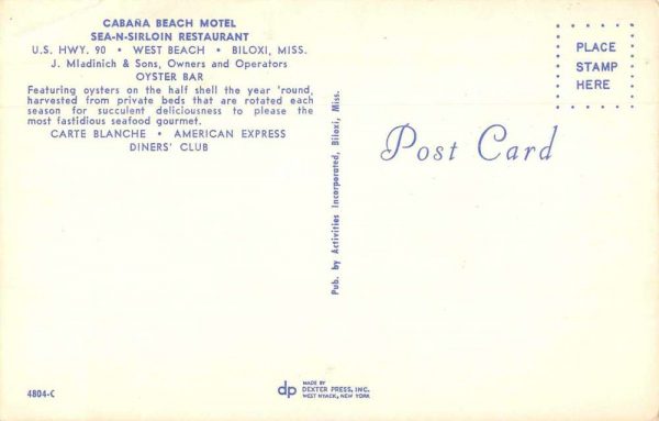 Biloxi Mississippi Cabana Beach Motel Sea-N-Sirloin Restaurant PC JF685571 - Image 2