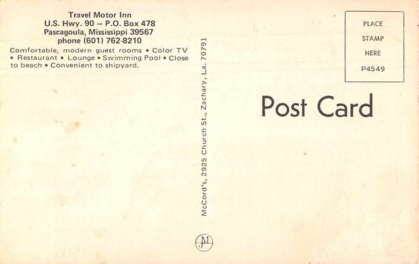 Pascagoula Mississippi Travel Motor Inn Vintage Postcard JF685613 - Image 2