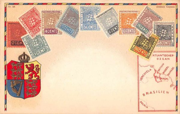 British Guyana Philatelic Stamps and Crest with Map Vintage Postcard JF685684
