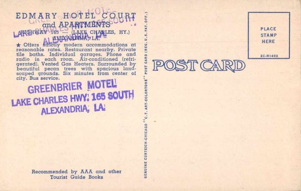 Alexandria Louisiana Edmary Hotel Court Exterior Vintage Postcard JF685700 - Image 2