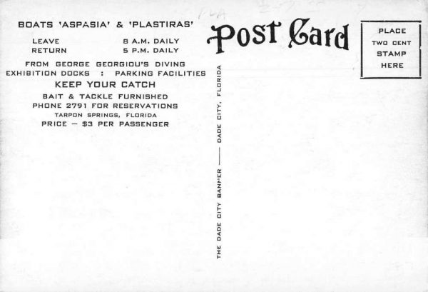 Tarpon Springs Florida Deep Sea Fishing Aspasia Plastiras Postcard JF685752 - Image 2