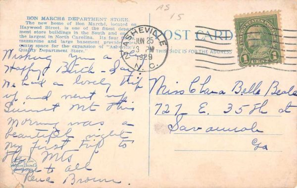 Asheville North Carolina Bon Marche Department Store Vintage Postcard JF685770 - Image 2