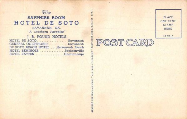 Savannah Georgia Hotel del Soto Sapphire Room Vintage Postcard JF685942 - Image 2
