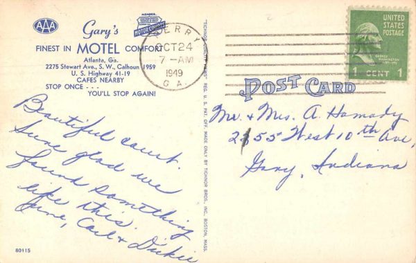 Atlanta Georgia Gary's Motel Linen Vintage Postcard JF685999 - Image 2
