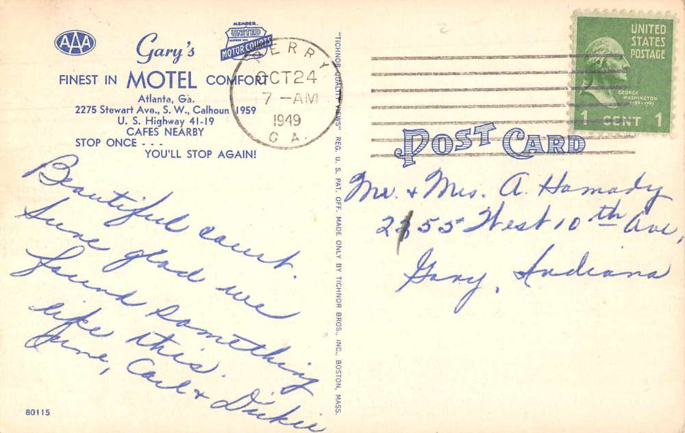 Atlanta Georgia Gary's Motel Linen Vintage Postcard JF685999 - Image 2