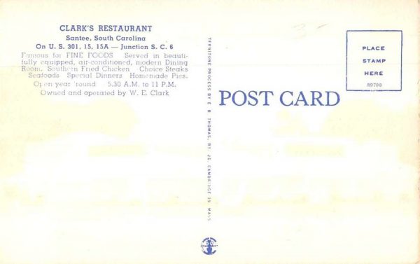 Santee South Carolina Clark's Restaurant Vintage Postcard JF686001 - Image 2