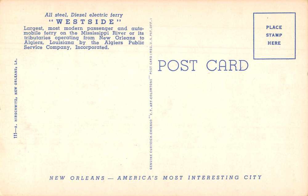 Algiers Louisiana Diesel Electric Ferry Boat Vintage Postcard JF686008 - Image 2