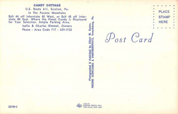 Scotrun Pennsylvania Candy Cottage Vintage Postcard JF235304 - Image 2