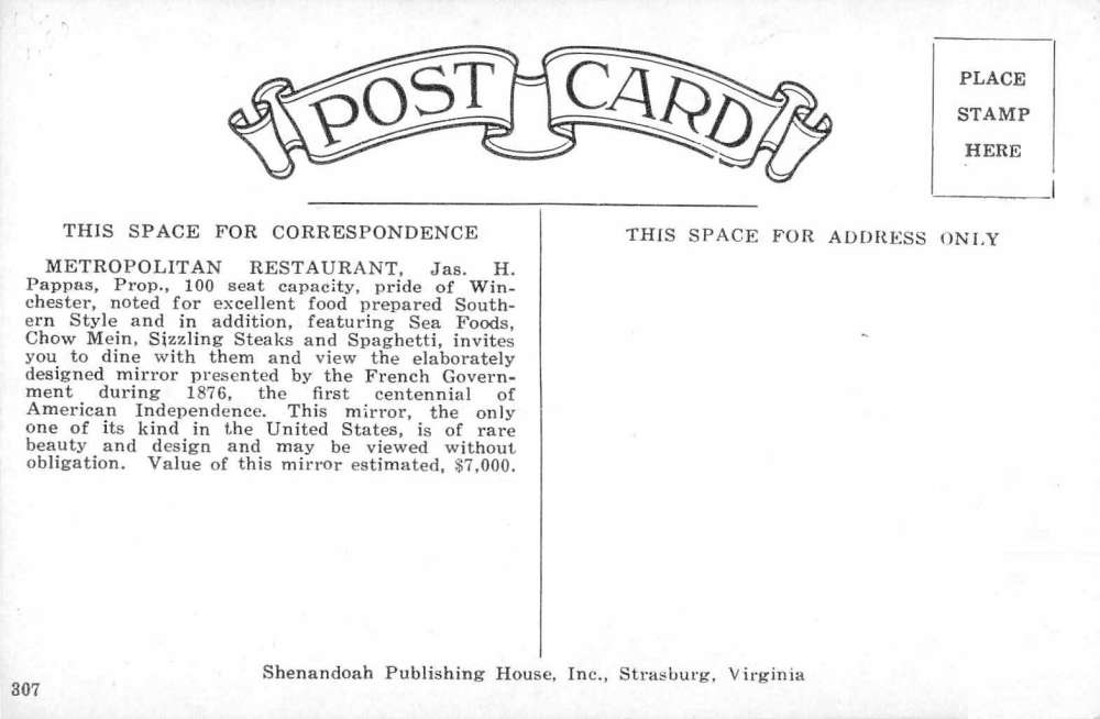 Winchester Virginia Metropolitan Restaurant Dining Room Postcard JF235361 - Image 2