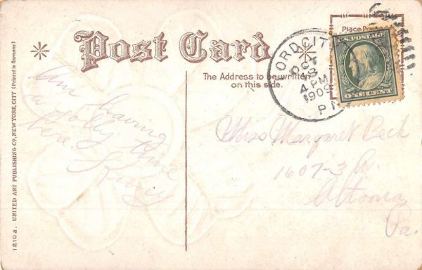 Fort City Pennsylvania Good Luck Clover Clock Vintage Postcard JF235438 - Image 2