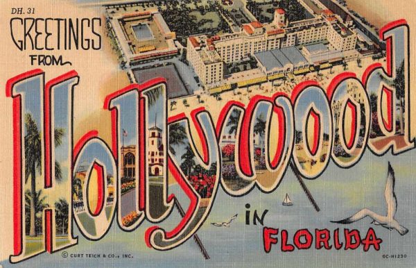 Hollywood Florida Greetings Large Letter Linen Vintage Postcard JF235439