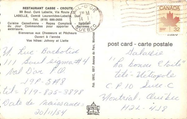 Labelle Quebec Canada Restaurant Casse Croute Vintage Postcard JF235443 - Image 2