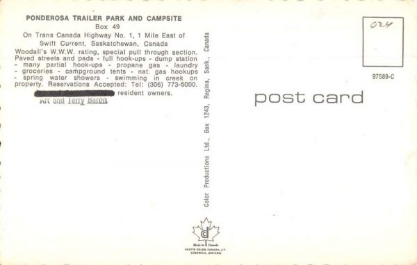 Swift Current Saskatechewan Canada Ponderosa Trailer Park Postcard JF235452 - Image 2