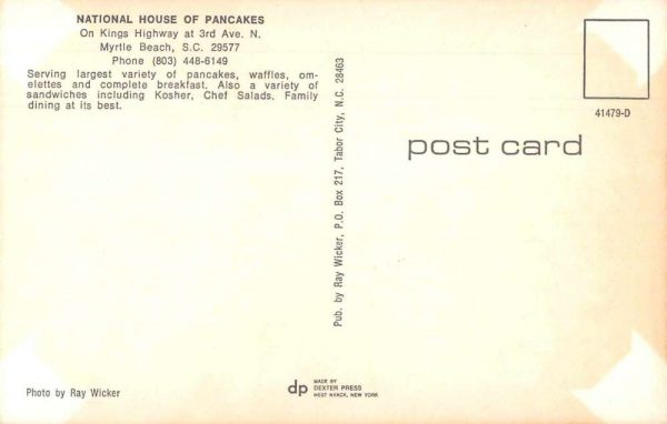 Myrtle Beach South Carolina National House of Pancakes Postcard JF235459 - Image 2