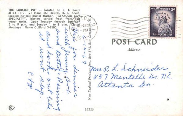 Bristol Rhode Island The Lobster Pot Seafood Restaurant Postcard JF235461 - Image 2
