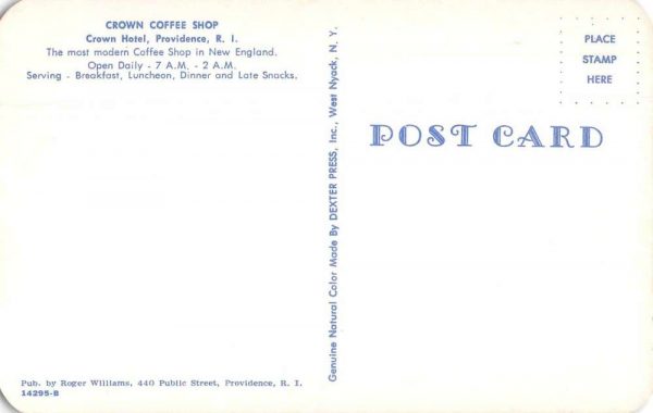 Providence Rhode Island Crown Hotel Coffee Shop Vintage Postcard JF235464 - Image 2