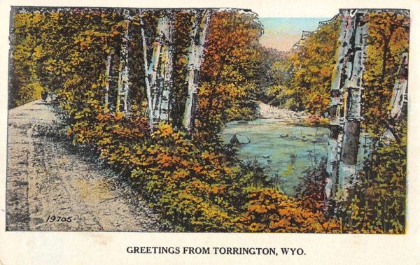 Torrington Wyoming Greetings From road by river antique pc ZC548623
