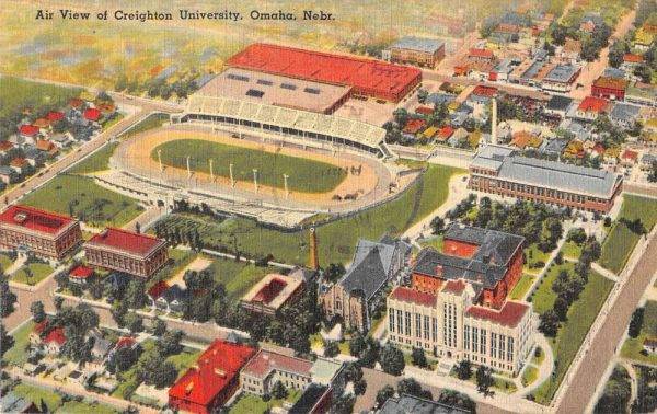 Omaha Nebraska panoramic aerial view Creighton Univ linen antique pc ZC548625