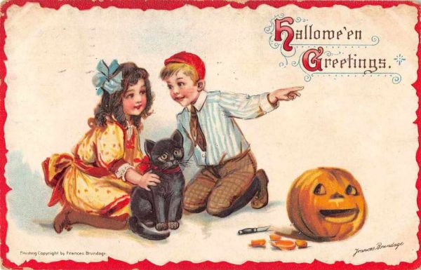 Halloween Greetings Children and Black Cat Signed Brundage Postcard JG236665