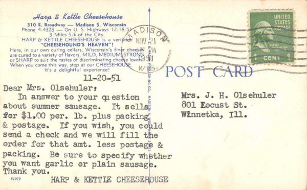 Madison Wisconsin Harp and Kettle Cheesehouse Vintage Postcard JG236690 - Image 2