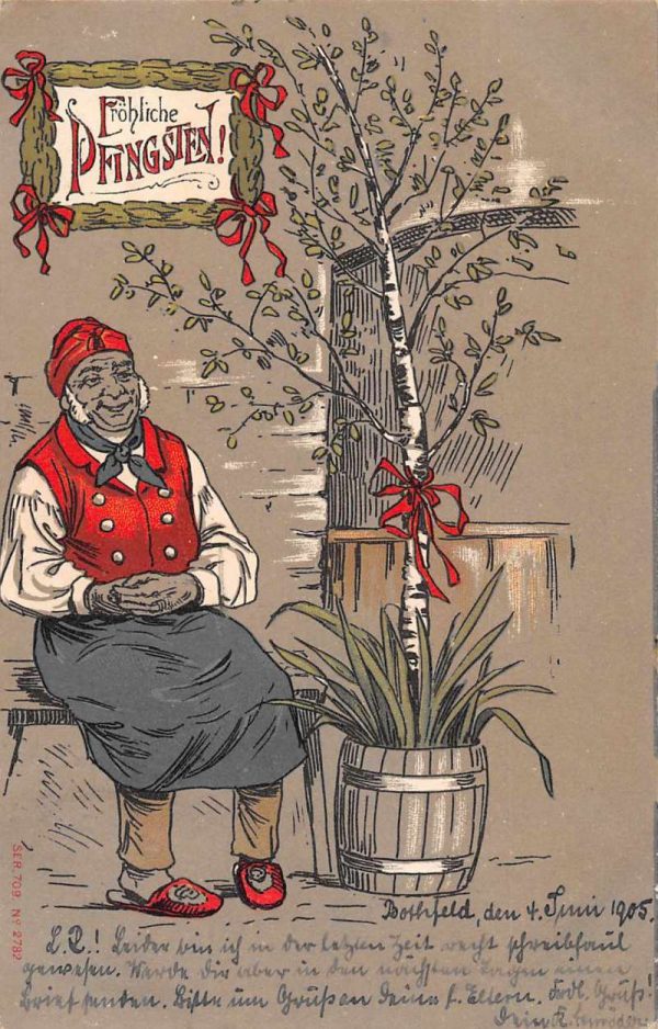 Pentecost Greetings Religious Man with Tree Red Ribbons Postcard JG236765