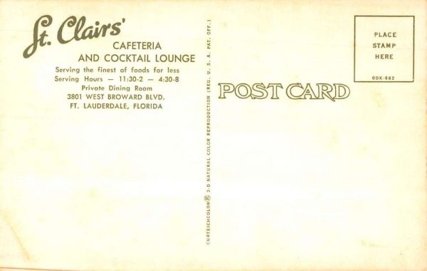 Ft Lauderdale Florida St Clairs' Cafeteria & Cocktail Lounge vintage pc ZC548717 - Image 2