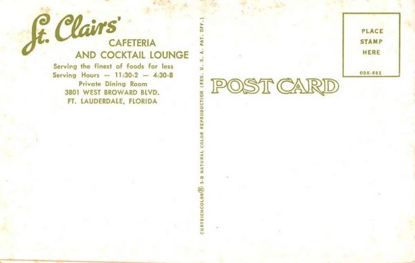 Ft Lauderdale Florida St Clairs' Cafeteria & Cocktail Lounge vintage pc ZC548739 - Image 2