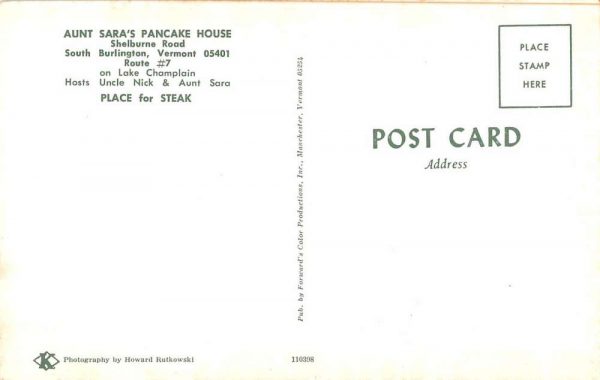 South Burlington Vermont Aunt Sara's Pancake House vintage pc ZC548800 - Image 2