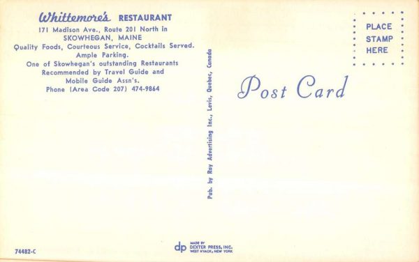Skowhegan Maine entrance view Whittemore's Restaurant vintage pc ZC548830 - Image 2
