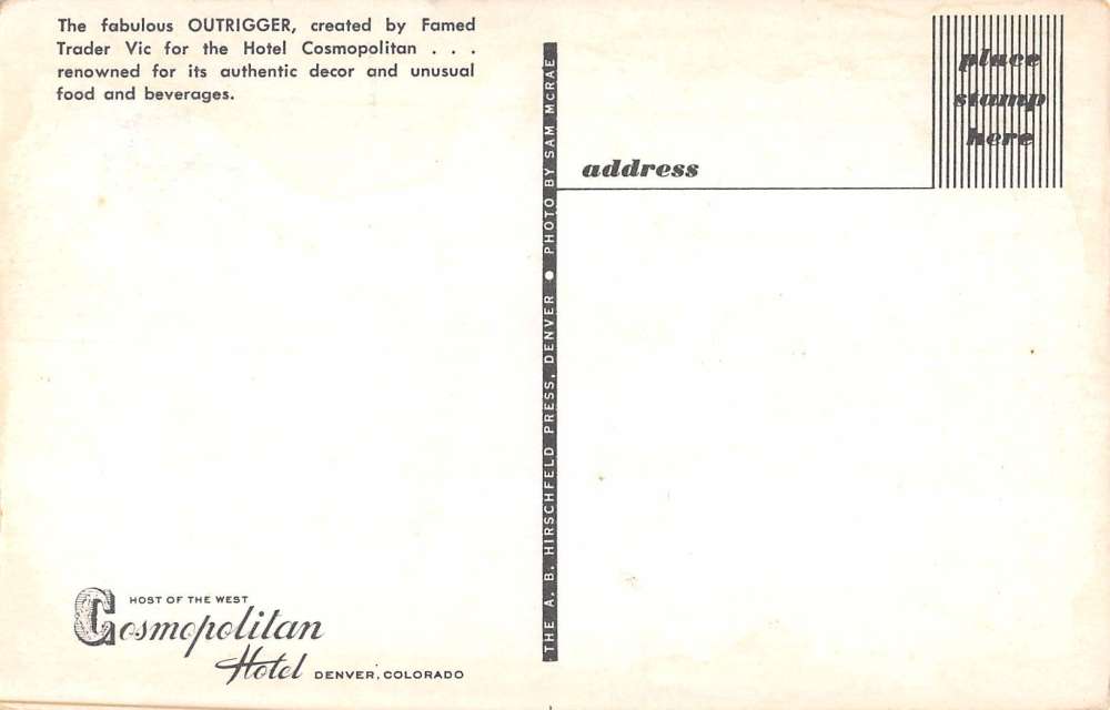 Denver Colorado Outrigger restaurant in Cosmopolitan Hotel vintage pc ZC548842 - Image 2