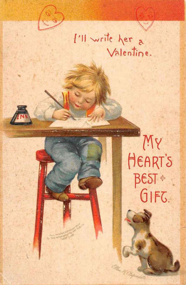 My Heart's Best Gift little boy writing Valentine by Clapsaddle pc ZC548915