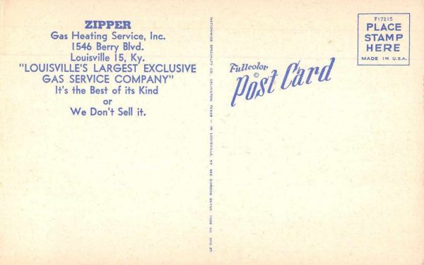 Louisville Kentucky Zipper Gas Heating Service Ad Vintage Postcard JH230106 - Image 2
