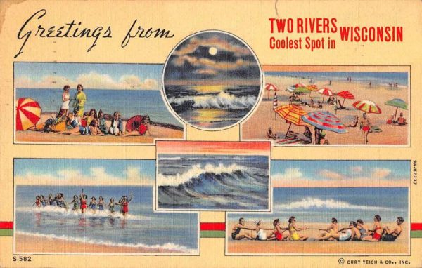 Two Rivers Wisconsin Beach Scene Greetings Vintage Postcard JH230318