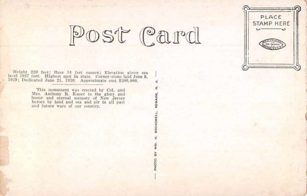 High Point Park New Jersey War Memorial Vintage Postcard JH230433 - Image 2