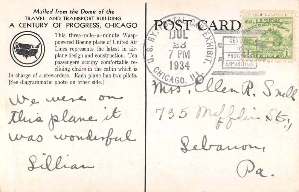 Century of Progress Expo United Air Lines Wasp Boeing Postal Used PC JH230563 - Image 2