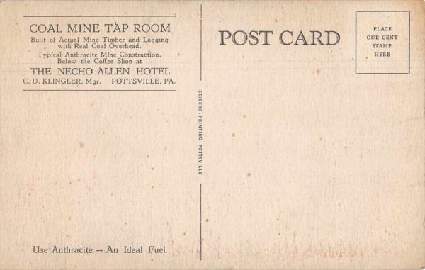 Pottsville Pennsylvania Necho Allen Hotel Coal Mine Tap Room Dining PC JH230582 - Image 2
