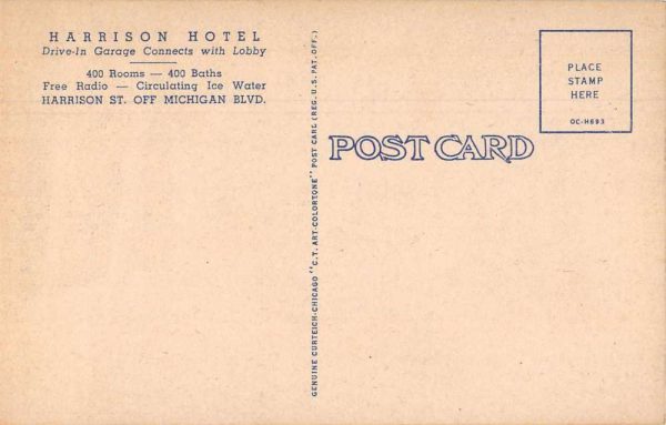 Chicago Illinois Harrison Hotel Lobby Vintage Postcard JH230713 - Image 2