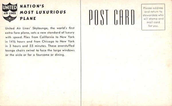 United Air Lines Skylounge Mainliner Airplane Vintage Postcard JH230753 - Image 2