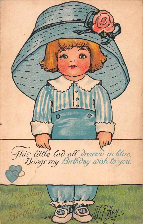 Birthday Greetings Boy wearing Big Blue Hat Vintage Postcard JH230791