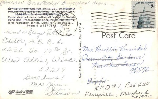 Alamo Texas Alamo Palms Mobile and Travel Trailer Park Postcard JH230890 - Image 2