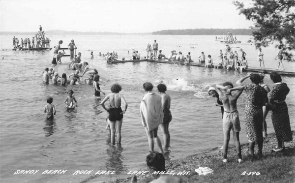 Lake Mills Wisconsin Sand Beach Rock Lake Real Photo Postcard JH230906