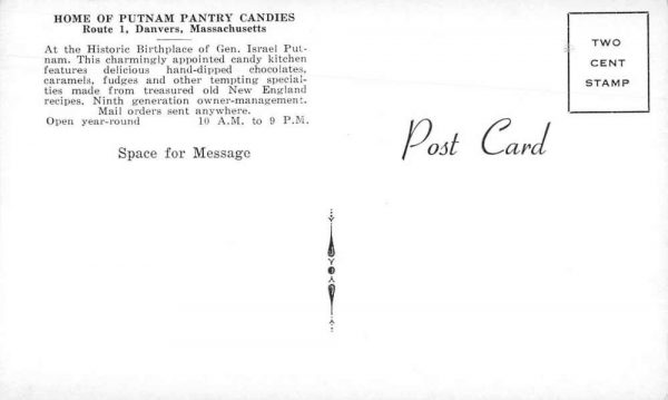Danvers Massachusetts Home of Putnam Pantry Candies Vintage Postcard JH230908 - Image 2