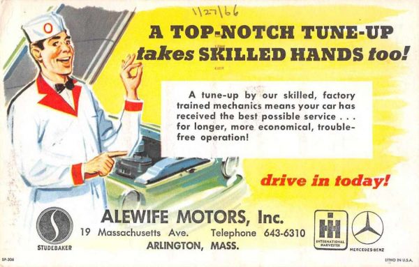 Arlington Massachusetts Alewife Motors Studebaker Mercedes Ad Postcard JH230946